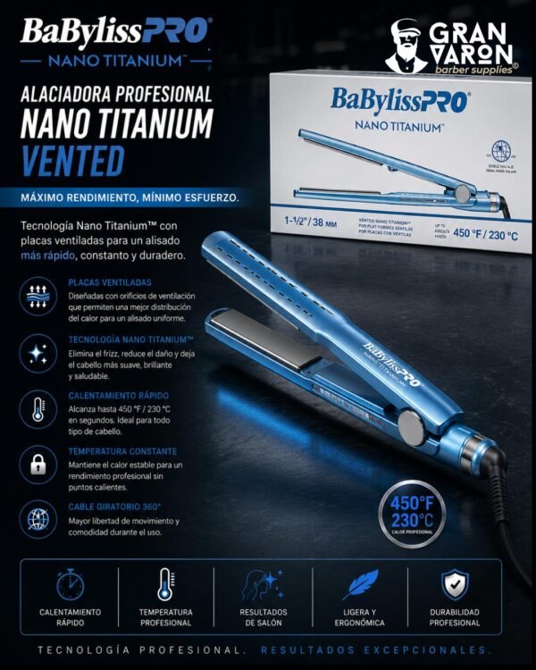 1 Alaciadora Profesional BaBylissPRO Nano Titanium Vented - 1½" (3.81 cm)