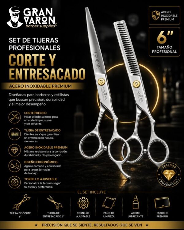 1 Set de Tijeras Profesionales Hoorain - Corte y Entresacado 6" | Acero Inoxidable Premium