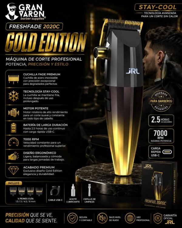 Máquina de Corte JRL FreshFade 2020C Gold Edition – Clipper Profesional Inalámbrica con Tecnología Stay-Cool