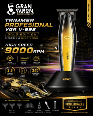 1 Trimmer Profesional VGR V-992 Gold Edition: 9000 RPM, Cuerpo Metálico y Base de Carga