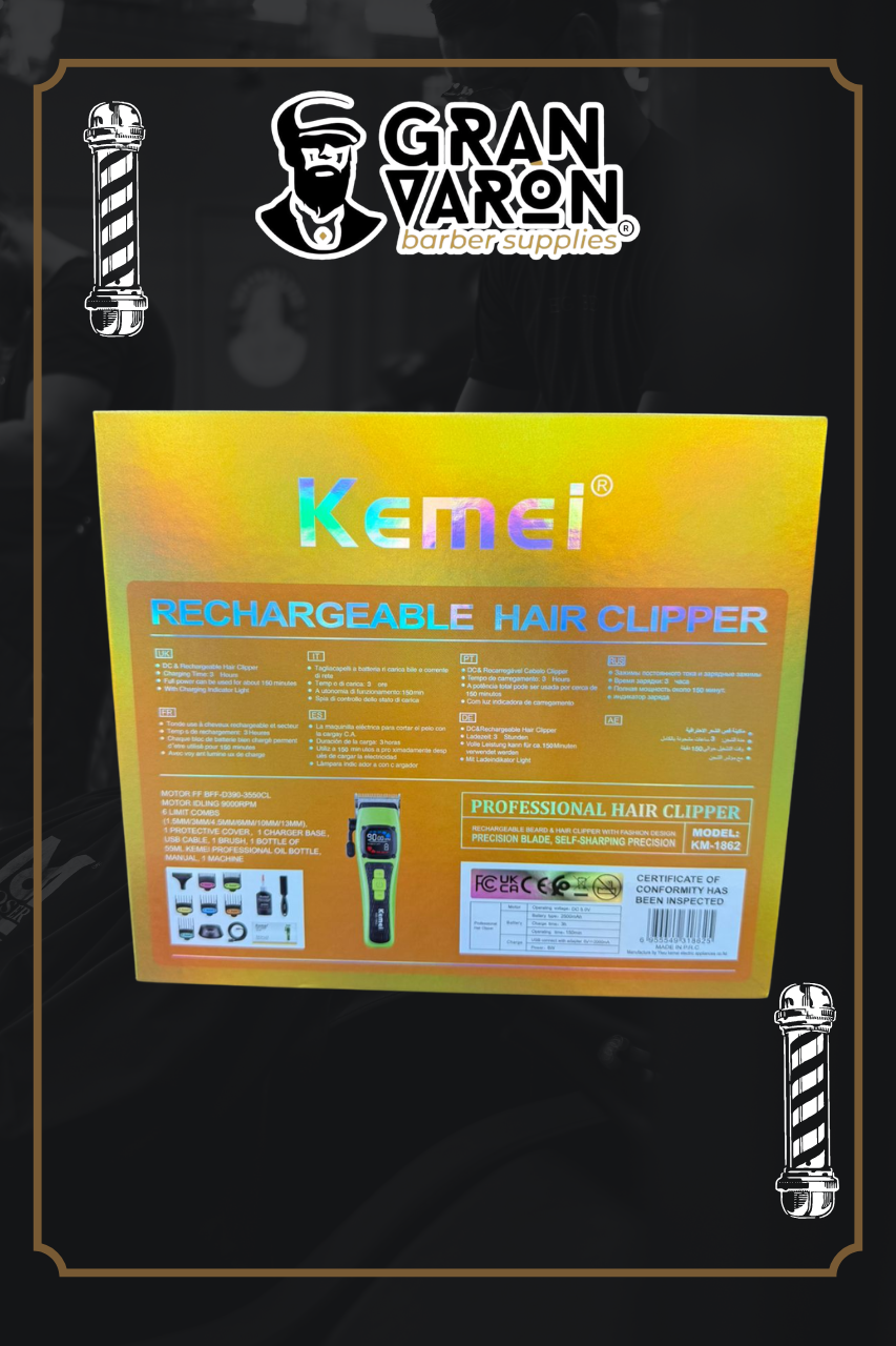 Máquina de Cortar Cabello Profesional Kemei KM-1862 - 9000 RPM, Cuchillas de Cerámica y Base de Carga