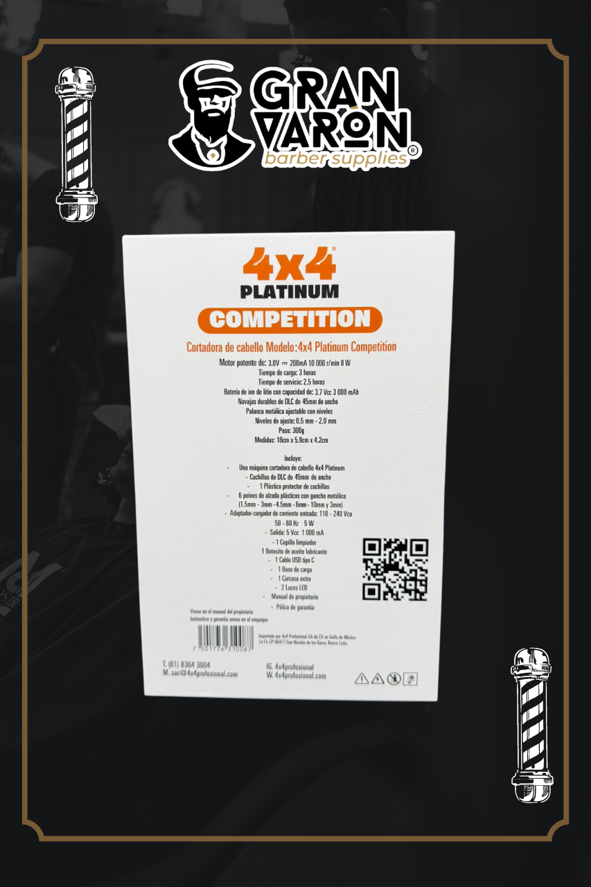 Máquina Cortadora de Cabello Profesional 4x4 Platinum Competition - Motor Vectorial 10,000 RPM
