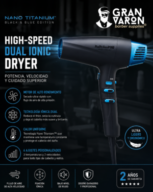 Secador Profesional BaBylissPRO Nano Titanium - High-Speed Dual Ionic Dryer (Black & Blue Edition)