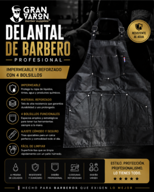 118 Delantal de Barbero Gran Varón Negro Pro - Impermeable y Reforzado con 4 Bolsillos