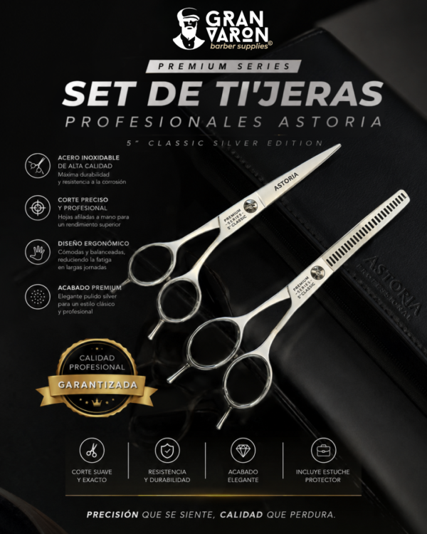 Set de Tijeras Profesionales Astoria - Premium Series 5" Classic Silver Edition