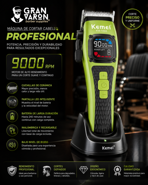 122 Máquina de Cortar Cabello Profesional Kemei KM-1862 - 9000 RPM, Cuchillas de Cerámica y Base de Carga