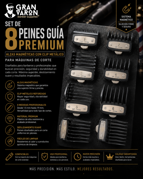 137 Set de 8 Peines Guía Premium Gran Varón - Alzas Magnéticas con Clip Metálico para Máquinas de Corte