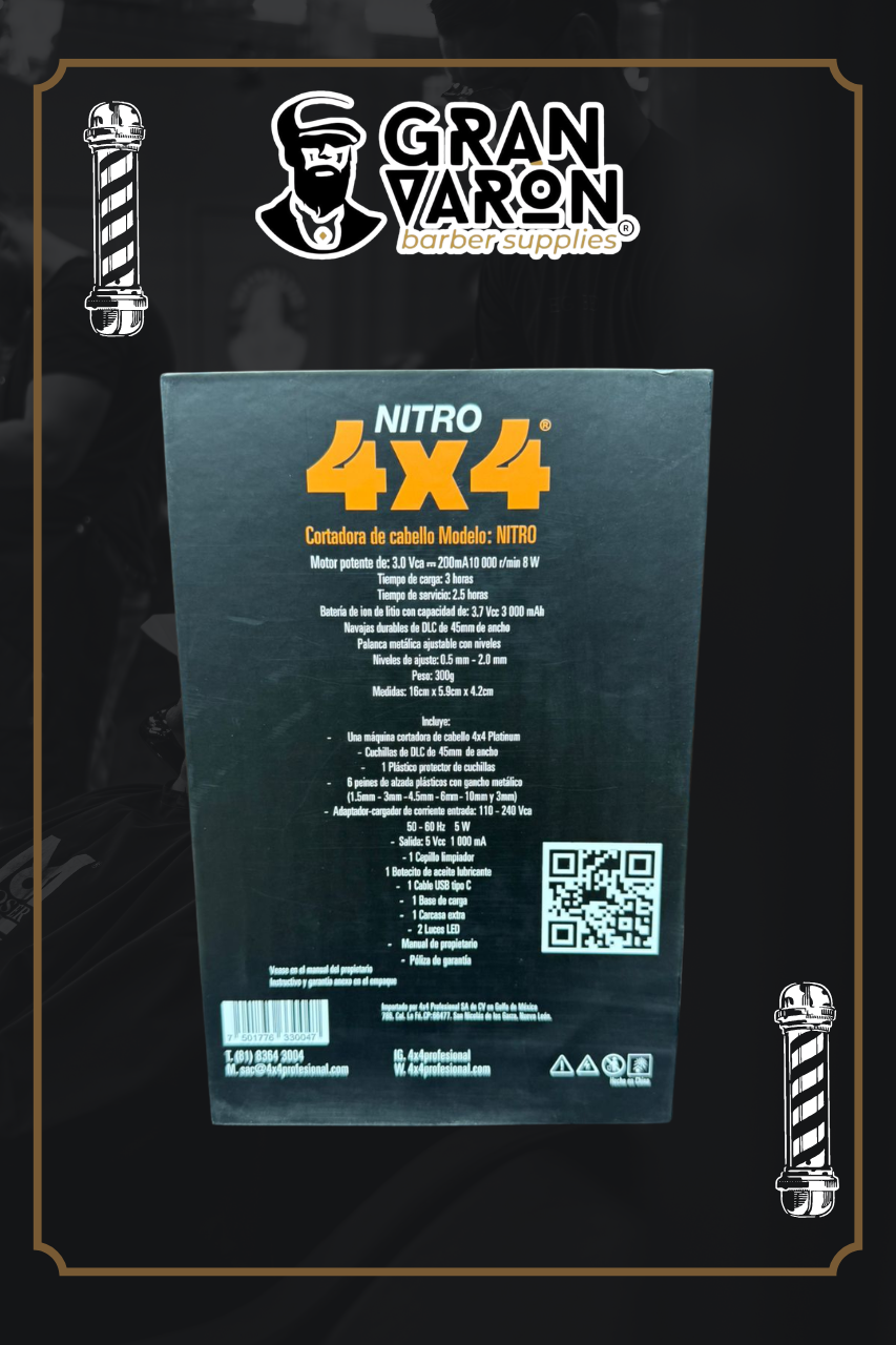 Máquina Cortadora de Cabello Profesional 4x4 Nitro BLDC – Motor Brushless 9,000 RPM con Cuchillas DL