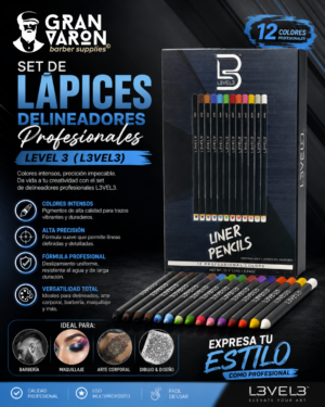 140 Set de Lápices Delineadores Profesionales Level 3 (L3VEL3) - Kit de 12 Colores para Barbería y Estética