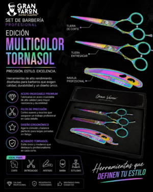 Set de Barbería Profesional Gran Varón Edición Multicolor Tornasol: Tijeras de Corte, Entresacar y Navaja