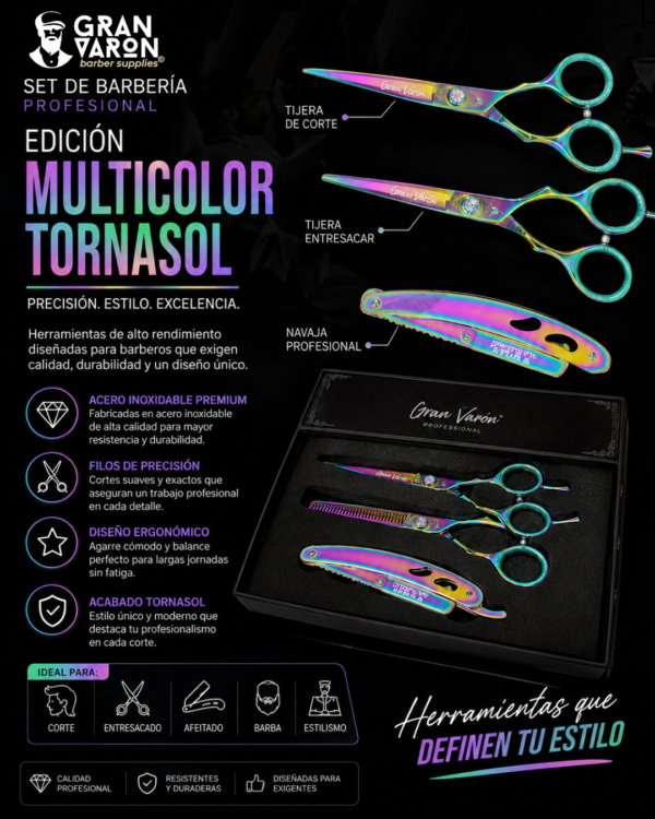 142 Set de Barbería Profesional Gran Varón Edición Multicolor Tornasol: Tijeras de Corte, Entresacar y Navaja