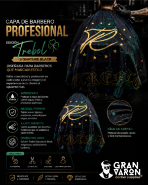 144 Capa de Barbero Profesional Gran Varón - Edición "Trebol" Signature Black