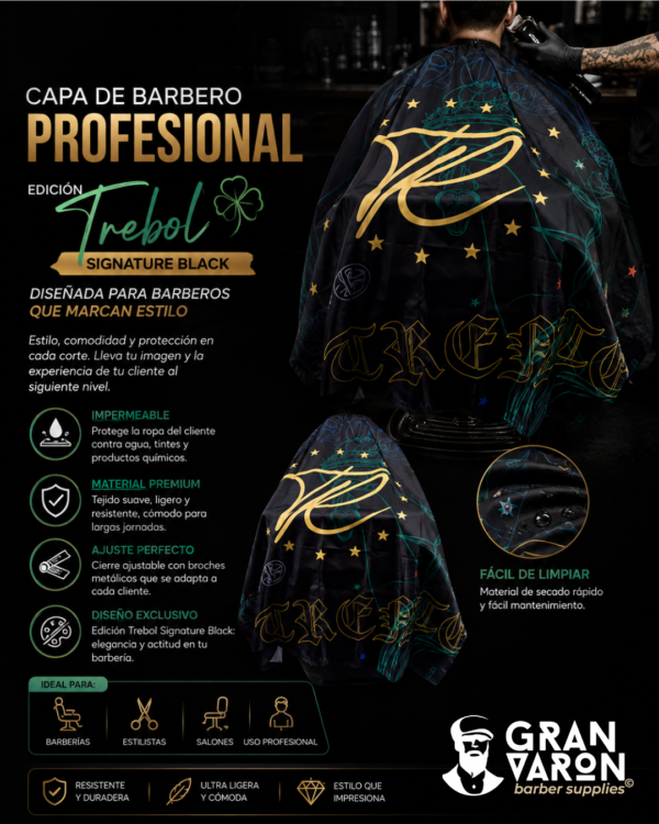 Capa de Barbero Profesional Gran Varón - Edición "Trebol" Signature Black