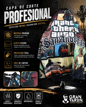 179 Capa de Corte Profesional - Edición Especial "Grand Theft Barber" | Diseño Gaming San Andreas