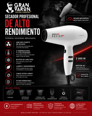 BaBylissPRO Rapido - Secador Profesional de Alto Rendimiento (2000W)