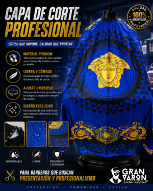 190 Capa de Barbero Profesional - Edición Royal Blue & Gold Medusa Luxury