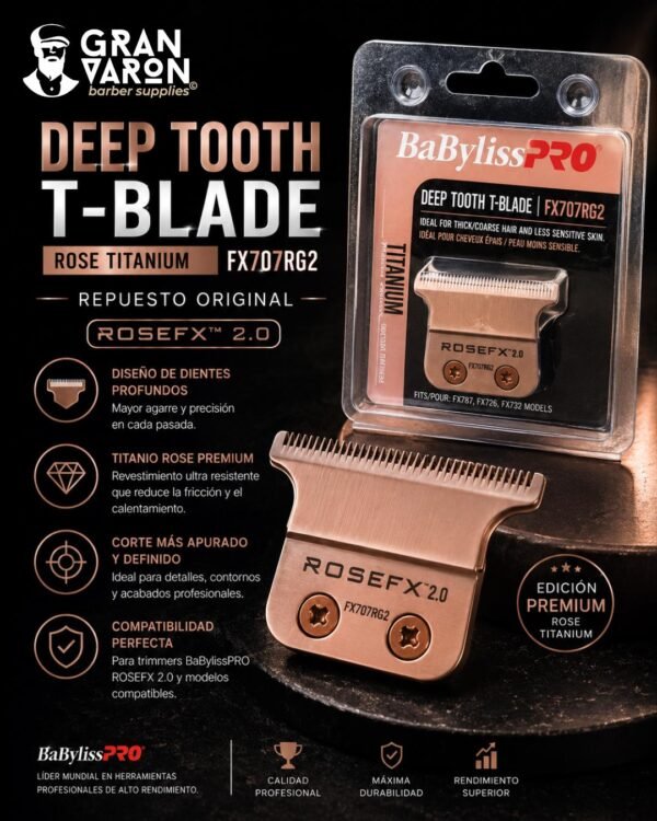 2 Cuchilla BaBylissPRO Deep Tooth T-Blade Rose Titanium FX707RG2 - Repuesto ROSEFX 2.0 para Trimmer