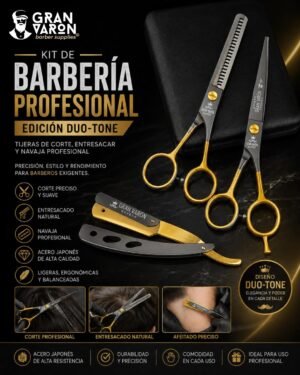 2 Kit de Barbería Profesional Gran Varón Edición Duo-Tone: Tijeras de Corte, Entresacar y Navaja Profesional