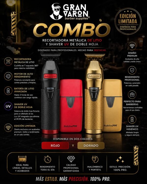 2 BaBylissPRO Limited Edition Combo: Recortadora Metálica de Litio y Shaver UV de Doble Hoja