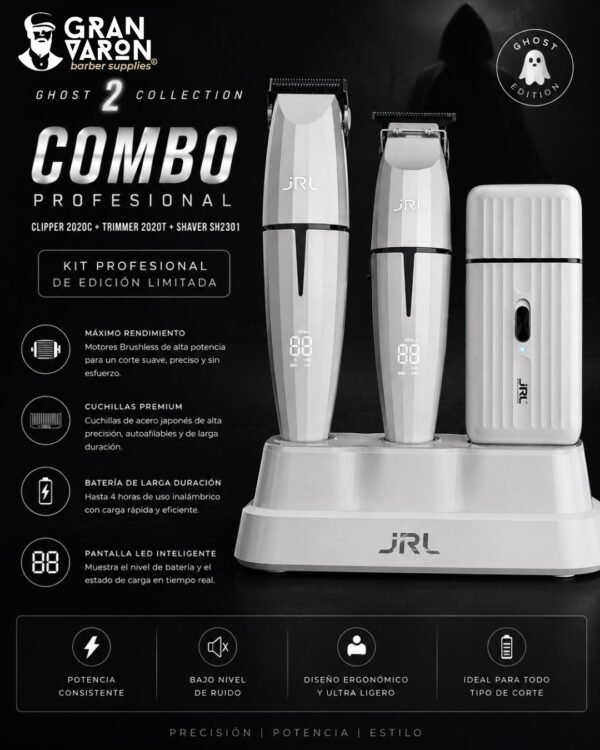 2 Combo JRL Ghost 2 Collection – Kit Profesional: Clipper 2020C, Trimmer 2020T y Shaver SH2301