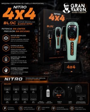 2 Máquina Cortadora de Cabello Profesional 4x4 Nitro BLDC – Motor Brushless 9,000 RPM con Cuchillas DL