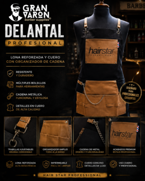 201 Delantal Profesional Hair Star - Lona Reforzada y Cuero con Organizador de Cadena