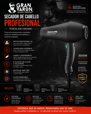 Secador de Cabello Profesional BaBylissPRO Carrera 2 - Porcelain Ceramic (Negro)