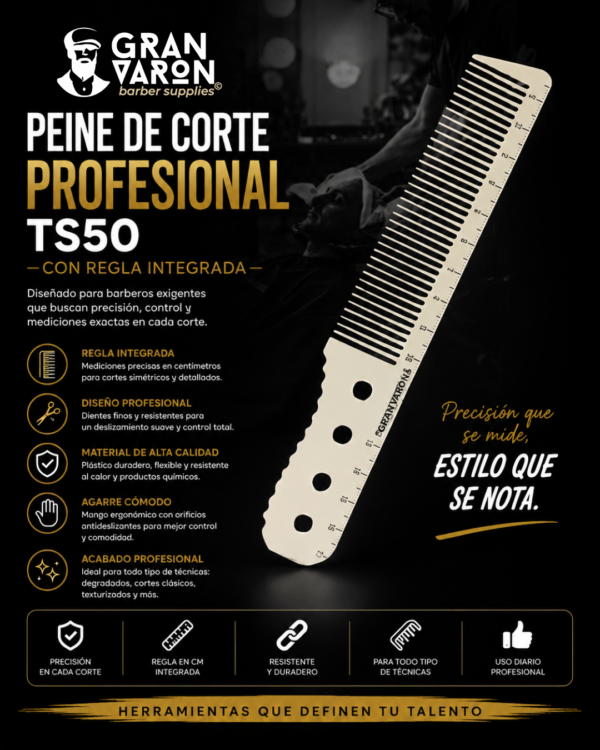 23 Peine de Corte Profesional TS50 con Regla Integrada - Crema