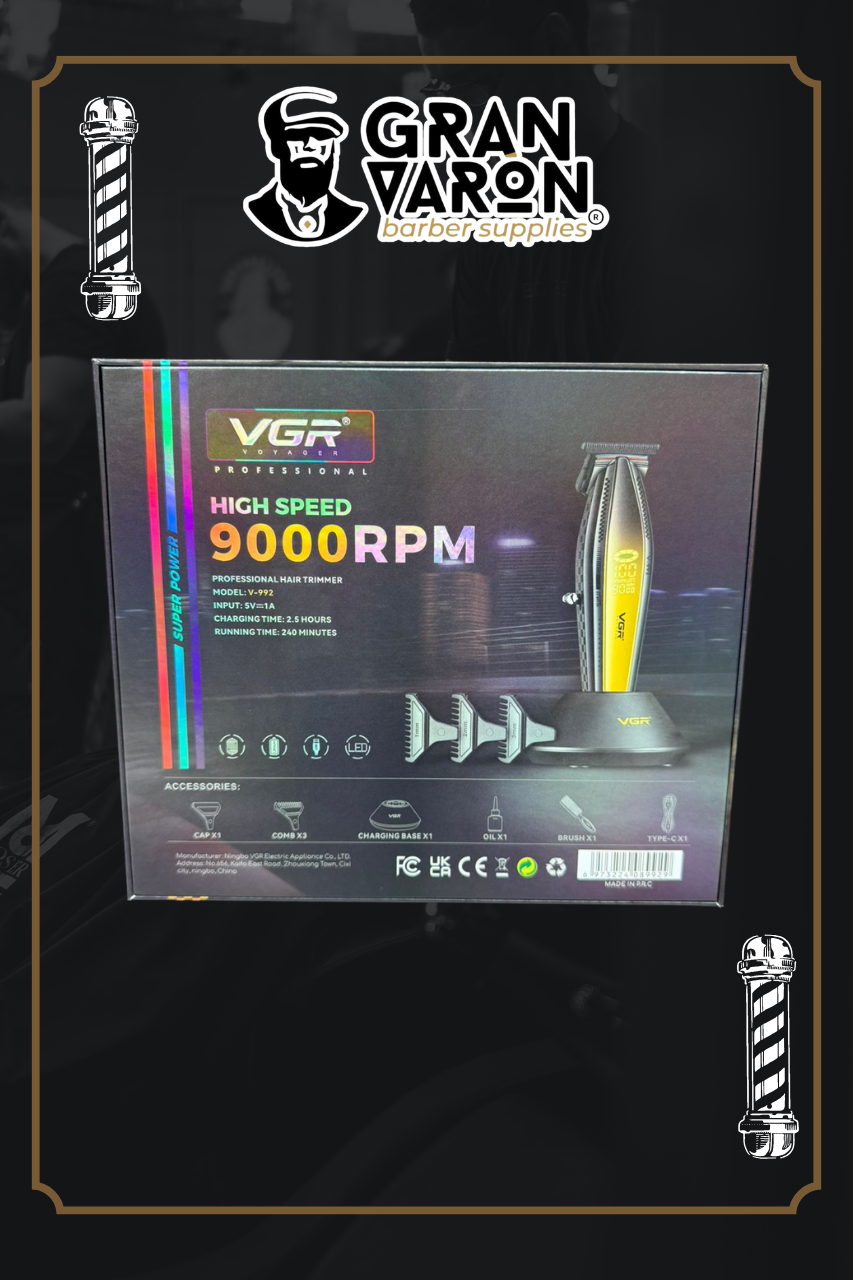 Trimmer Profesional VGR V-992 Gold Edition: 9000 RPM, Cuerpo Metálico y Base de Carga