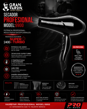 Secador Profesional Hairstar Model:9900 | Super Turbo 2400W Pro For Salon