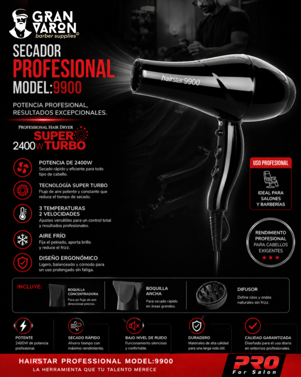 25 Secador Profesional Hairstar Model:9900 | Super Turbo 2400W Pro For Salon