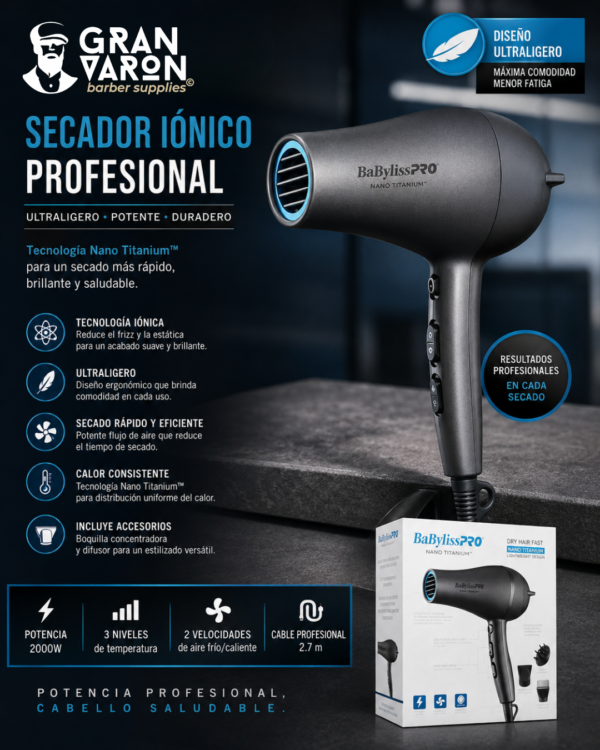 280 Secador Iónico Profesional BaBylissPRO Nano Titanium™ – Ultraligero