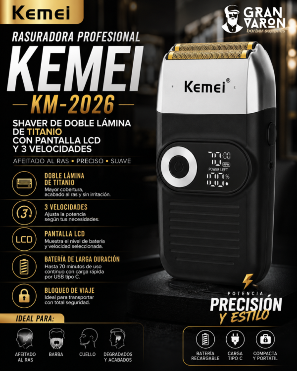 287 Rasuradora Profesional Kemei KM-2026 - Shaver de Doble Lámina de Titanio con Pantalla LCD y 3 Velocidades