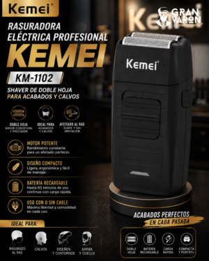 288 Rasuradora Eléctrica Profesional Kemei KM-1102 - Shaver de Doble Hoja para Acabados y Calvos