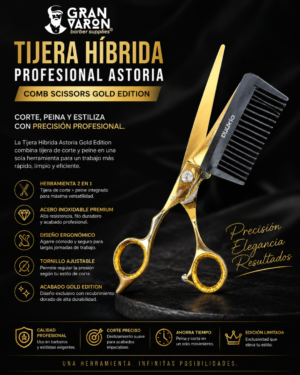Tijera Híbrida Profesional Astoria - Comb Scissors Gold Edition (Corte + Peine Guía)