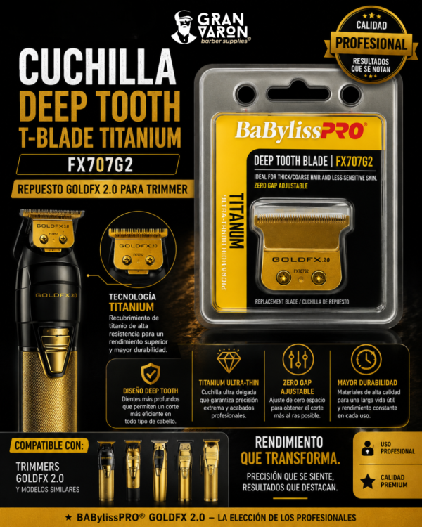 Cuchilla BaBylissPRO Deep Tooth T-Blade Titanium FX707G2 - Repuesto GOLDFX 2.0 para Trimmer