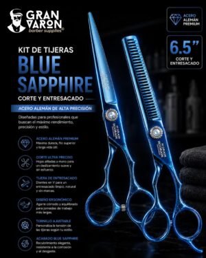 Kit de Tijeras Profesionales Hoorain Blue Sapphire | Acero Alemán 6.5" Corte y Entresacado