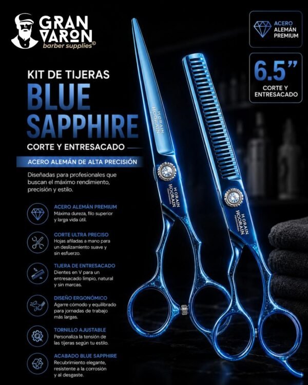 Kit de Tijeras Profesionales Hoorain Blue Sapphire | Acero Alemán 6.5" Corte y Entresacado