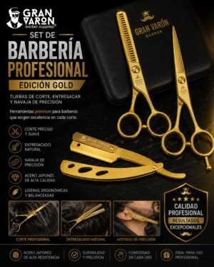 3 Set de Barbería Profesional Gran Varón Edición Gold: Tijeras de Corte, Entresacar y Navaja de Precisión