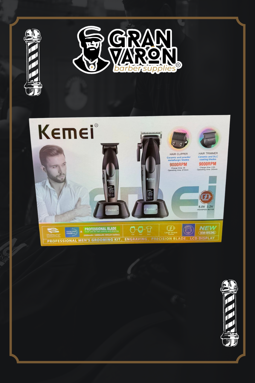 Combo Barbería Profesional Kemei KM-8536 - Clipper & Trimmer 9000 RPM con Cuchillas de Cerámica y DLC