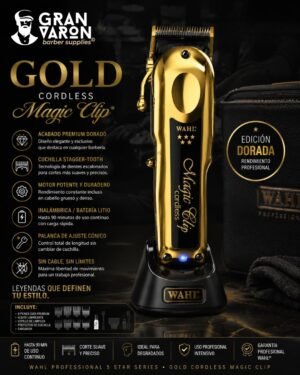 3 Wahl Professional 5 Star Series: Gold Cordless Magic Clip – Edición de Lujo con Cuchillas de Titanio y DLC