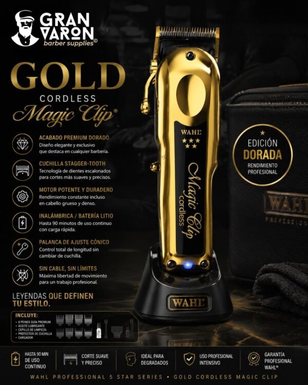 3 Wahl Professional 5 Star Series: Gold Cordless Magic Clip – Edición de Lujo con Cuchillas de Titanio y DLC