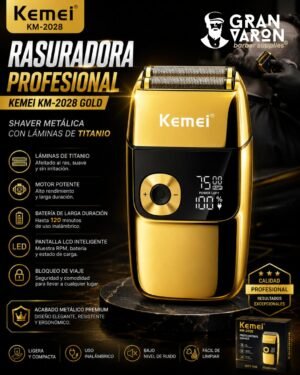 3 Rasuradora Profesional Kemei KM-2028 Gold - Shaver Metálica con Láminas de Titanio y Pantalla LCD
