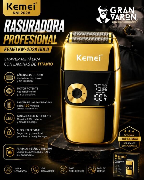 3 Rasuradora Profesional Kemei KM-2028 Gold - Shaver Metálica con Láminas de Titanio y Pantalla LCD