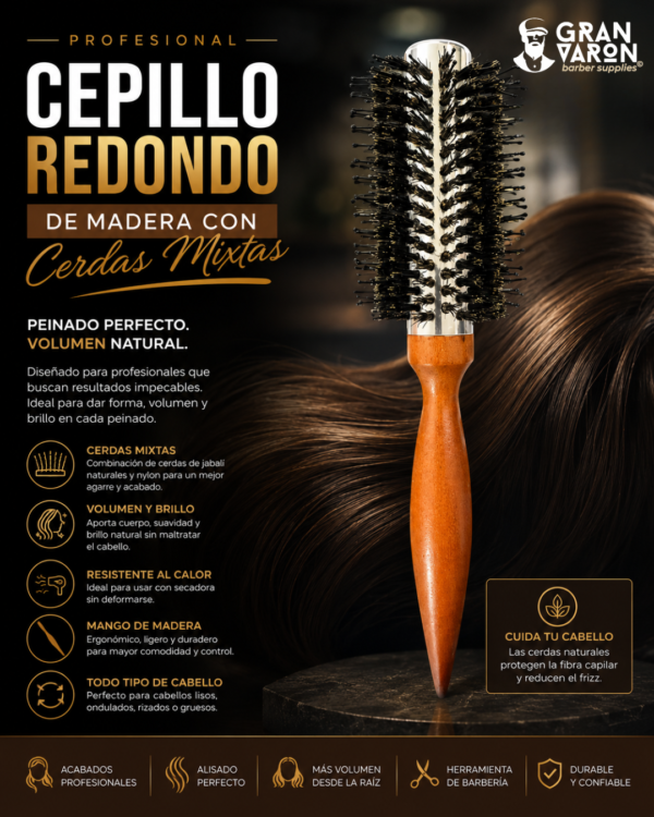 31 Cepillo Redondo de Madera con Cerdas Mixtas - Especial para Copetes y Barba