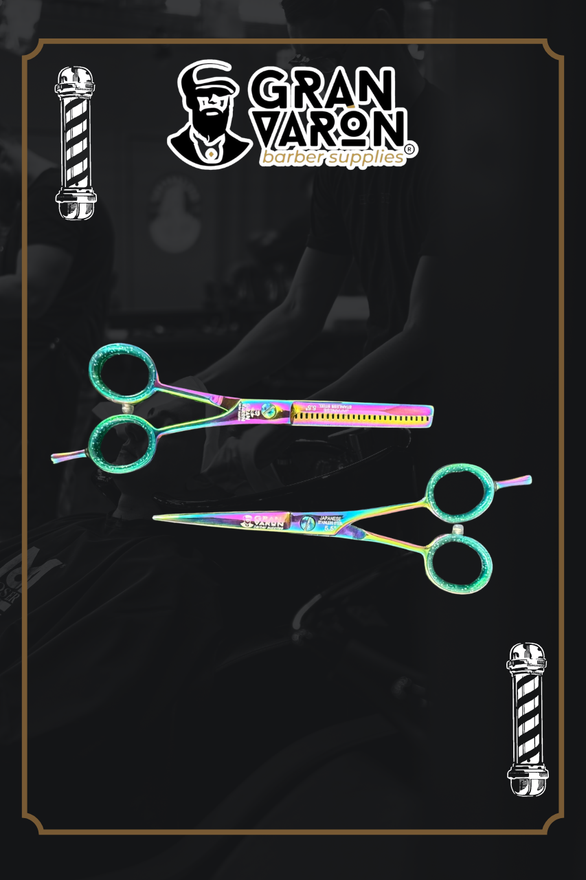 Set de Tijeras Profesionales Gran Varón Barber Tornasol: Corte y Entresacar en Acero Japonés (5.5")