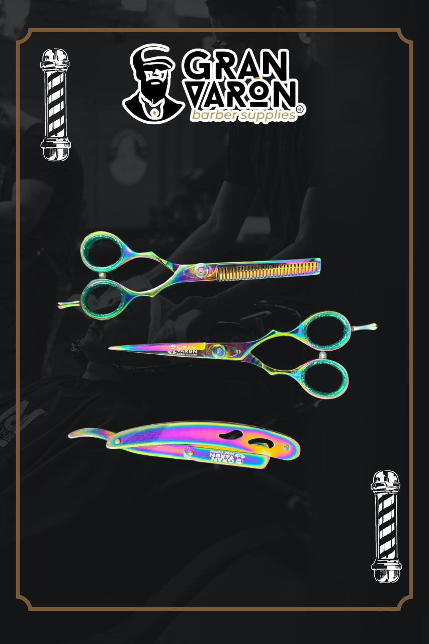 Set de Barbería Profesional Gran Varón Edición Multicolor Tornasol: Tijeras de Corte, Entresacar y Navaja