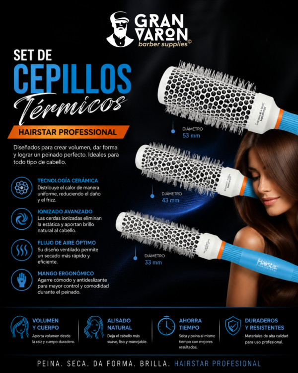 34 Set de Cepillos Térmicos Hairstar Professional – Kit de 3 Piezas C-Ramic Curls