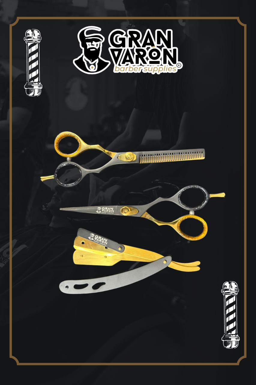 Kit de Barbería Profesional Gran Varón Edición Duo-Tone: Tijeras de Corte, Entresacar y Navaja Profesional