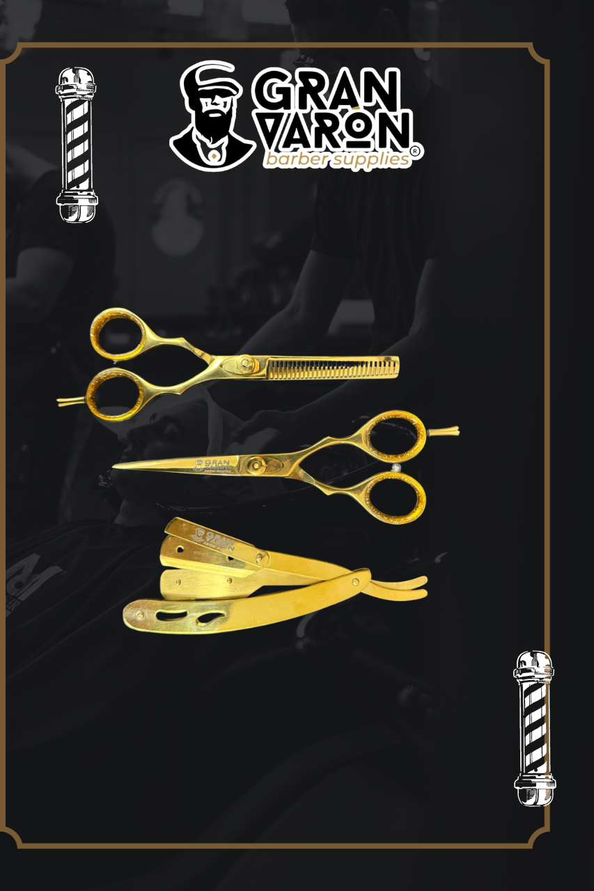 Set de Barbería Profesional Gran Varón Edición Gold: Tijeras de Corte, Entresacar y Navaja de Precisión